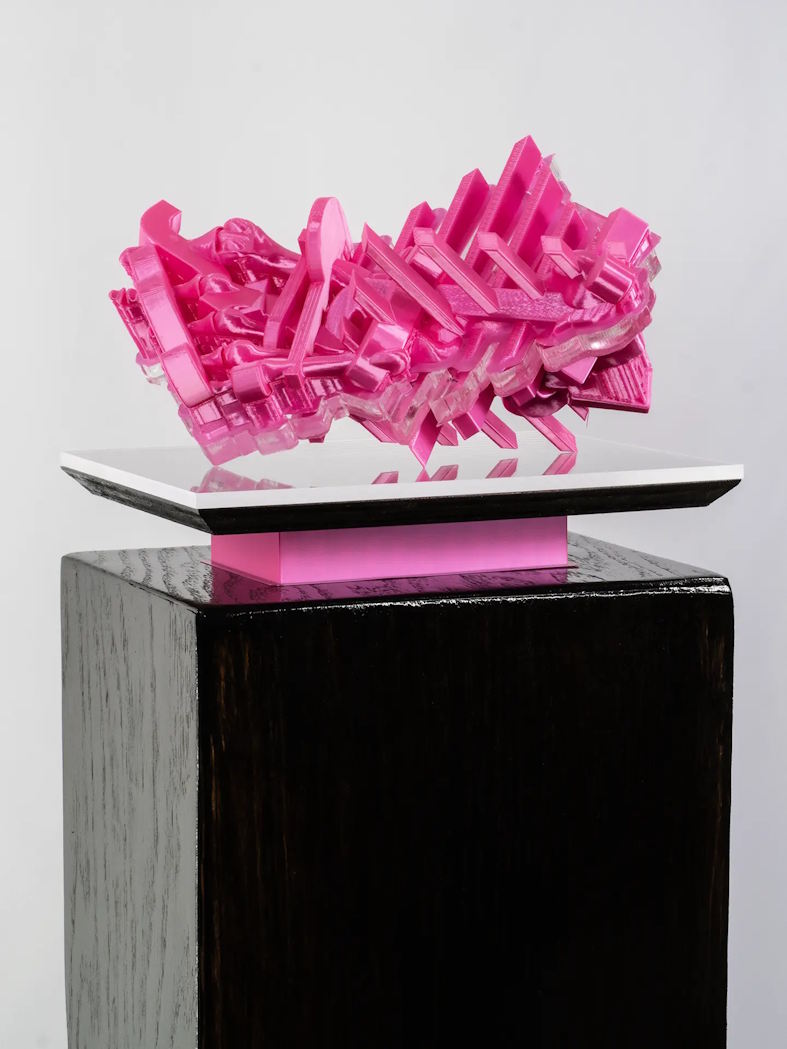 Foot, a 3D-printed sculpture by Daniel Cosentino featuring a stylized foot and letterforms in shiny pink PLA plastic, accented with acrylic highlights and mounted on a stained wooden plinth.